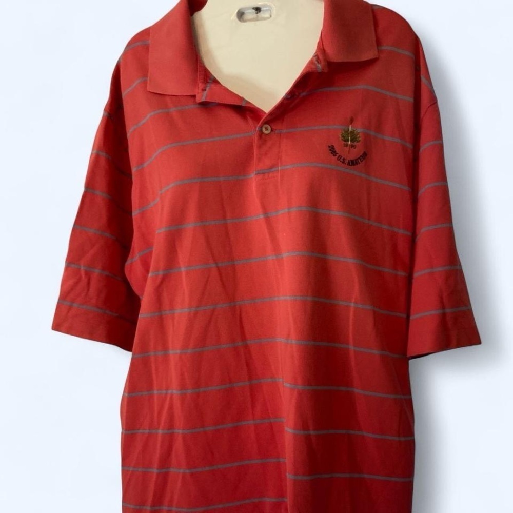 Ralph Laure Pinkish and blue striped golf polo with US 2005 Amateur logo XL